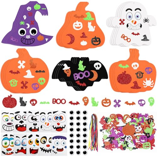 GOMANCHE 290 Stück Halloween Basteln für Kinder - Bulk Halloween Schaumstoff Kürbisse, Fledermaus, Geist & Hexe Hut hängende Ornamente - Halloween Deko für Kleinkinder im Alter von 3-12, Klassenzimm