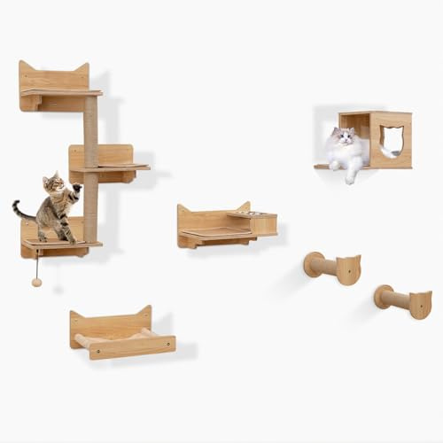 GYMAX Juego de Muebles para Gatos de 6 Piezas, Estantes para Pared con Hamaca, Torre de Salto 3 Niveles, 2 Postes Rascadores, Condominio, Plataforma para Comida y Agua, Área de Juego