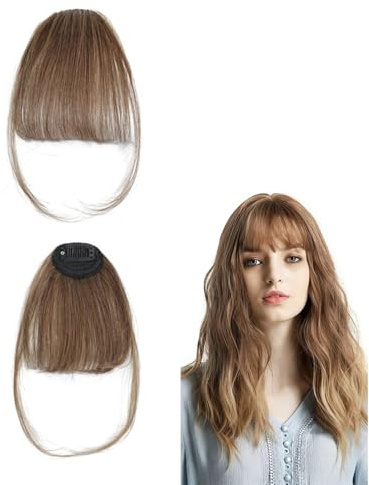 FUGLUS Clip in Pony Echthaar,Natürliche hellbraun Air Bangs mit Clip für Frauen,3g Echthaar Fringe mit Tempel Gesichtsform Ändern Hohen Haaransatz
