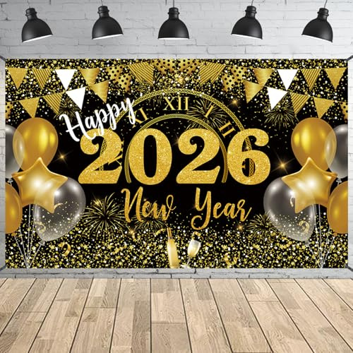 Silvester Banner Deko 2026, Extra Große Schwarz Gold New Years Eve Backdrop für Dekorationen, 72 x 44 Zoll Photo Booth Hintergrund Poster für Neujahr Silvesterparty Supplies Accessories