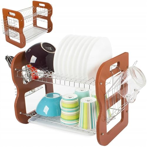 PARENCE.- Égouttoir à Vaisselle 2 Niveaux en Bois Marron avec Bac de Récupération – Égouttoir de Cuisine Spacieux pour Assiettes, Bols, Verres et Couverts – Séchage Efficace – 42x26x33 cm