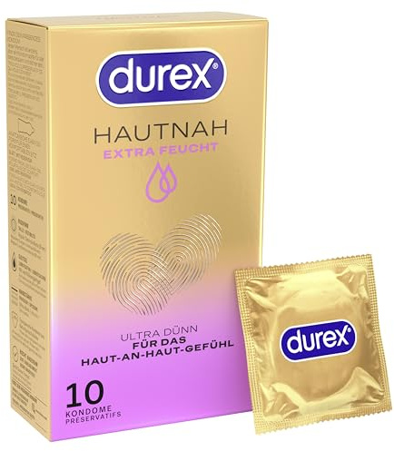 Durex Hautnah Extra Feucht Kondome – Ultra dünn, mit anatomischer Easy-On-Form & mit viel Silikongleitgel befeuchtet – 10er Pack (1 x 10 Stück)