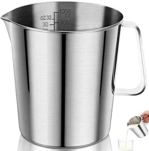 Vaso Medidor Acero Inoxidable 1 Litro con Escala Onzas y Ml & Asa, Jarra Medidora Cocina Lavavajillas, Jarra Leche Restaurante Resistente, Metal Bar Calidad Alimentaria para Cafetera, Latte