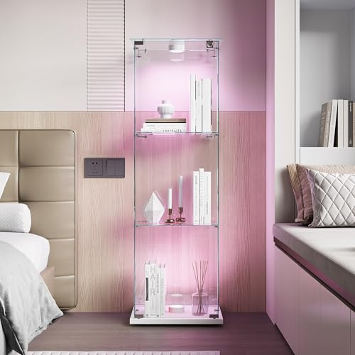 Hauptrolle Glasvitrine Standvitrine mit Touch-LED, 3-stöckiger Ausstellungsschrank mit Tür und Weißer Boden, transparente Präsentationsvitrine für Wohnzimmer, Schlafzimmer