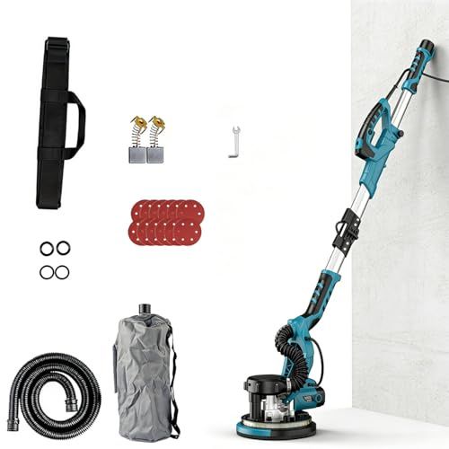 DowPie Lijadora eléctrica para Paredes, lijadora para Paneles de Yeso de 810 W con Bolsa recolectora de Polvo, Velocidad Variable, luz LED perimetral, Mango telescópico y 12 Hojas de Lija. Blue-220V