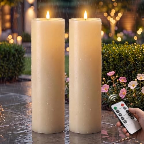TaoFiaCo Grande Bougies LED Sans Flamme Extérieur, 10 × 35 cm, Lot de 2 | Bougies LED Flamme Vacillante, Étanchéité IP65, Fonction Minuterie, Télécommande, Alimentation par Piles, Blanc Ivoire