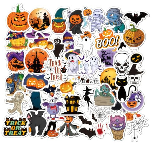 50 Autocollants d'Halloween, Stickers en PVC Imperméables pour Ordinateur, Bouteille d'Eau, Scrapbooking et Décorations de Fête, Motifs Citrouille, Fantôme, Sorcière et Chauve-souris