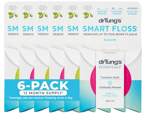 DrTung's Smart Floss - Natural Dental Floss, PTFE & PFAS Free, Gentle on Gums, Expands & Stretches, BPA Free - Cardamom Flavor(Pack of 6)