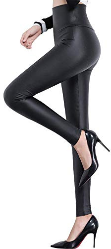 FITTOO Women High Waisted Faux PU Leather Leggings Stretchy Slim Fit Trousers Matte , Black Matte Black, L