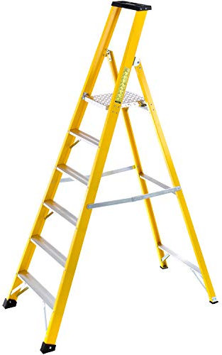 1.4m FIBREGLASS Platform Step Ladders & Tool Tray -6 Tread- Professional Lightweight Steps – Wide Non-Slip Flat Rungs & Feet – Trade Decorating & Home DIY Climber – 3m Working Height/Reach