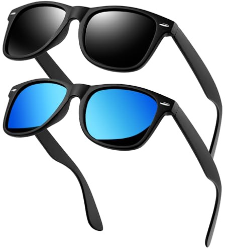 KANASTAL 2 Pares Gafas de Sol Hombre Polarizadas Mujer Azul Cuadradas Clásicas Retro Protección UV400 Conducir Vela Pesca - Negras Mate + Azul Espejo