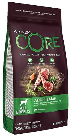 Wellness CORE Adult Lamb, 1.8kg, Lamb, Dry Dog Food for All Dog Breeds, All-Natural, Grain-Free, High Meat Content, Protein-Rich, Supports Healthy Digestion