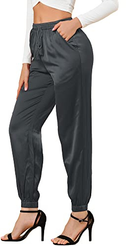 Allegra K Damen Plaid Pants Elastische Taille Casual Arbeit Büro Lange Hose - Grau - Mittel