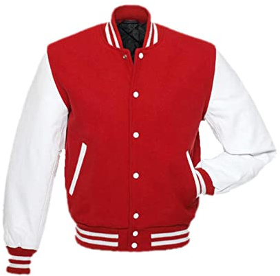 MAXDUD Herren Varsity High School College Jacke Baseballjacke, Letterman Bomber Wollbody mit Kunstleder Ärmeln Freizeitjacke, Ärmel aus Kunstleder in Rot und Weiß – Wolle, L