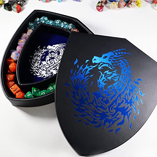 Fantasydice Shield Würfelschale, blauer Feuerdrache mit Deckel und Würfel, für 6 Sets (7 Würfel-Set/Standard) für alle Tischspiele