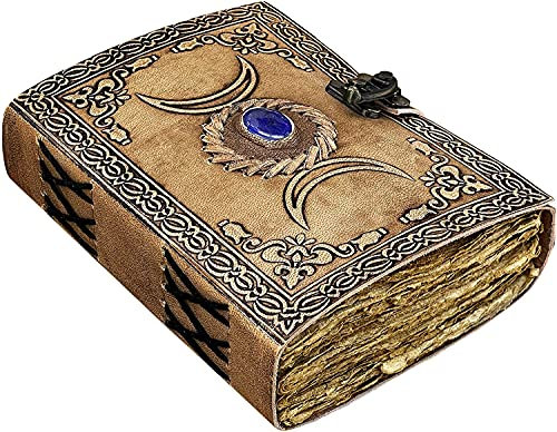ALCRAFT Handmade Vintage Leather Celtic Triple Moon Grimoire Black Book of Shadows Spellbook Journal for Men Women, Wicca Wiccan Pagan Witchcraft Writing Notebook, Blank Unlined Pages
