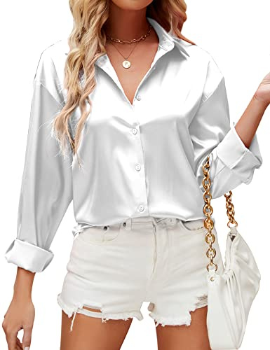 HANERDUN Damen Bluse Langarmshirt V-Ausschnitt Hemd Die Seide Elegant Lässige Oberteile Knopfleiste Arbeit Einfarbig Hemdbluse(White_S)