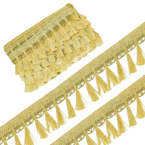 GORGECRAFT 6 Yard Gold Fransen Quastenband 54 mm Polyesterfaser Fransen Spitzenband Mit Quaste Geflochtene Pailletten Kantenbesatz Für DIY Nähen Basteln Kleidung Vorhang Tischdecke Verzierungen