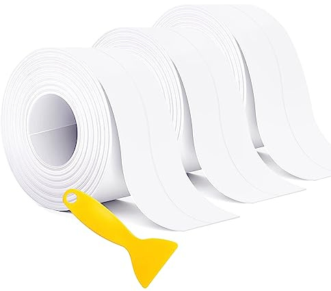 SLETIE 3 Rolls Bath Sealant Strip Self Adhesive, Adhesive Caulk Tape, Waterproof Simple Seal Tape for Bathroom, Kitchen, Bathtub, Toilet, Wall Floor, with Sealing Tool (3.2Mx38mm, White)