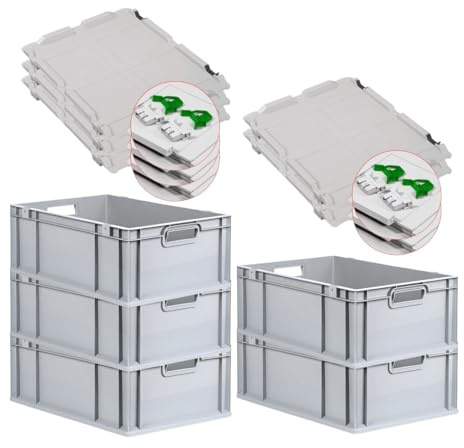PROREGAL SuperSparSet 5x Eurobox NextGen Economy mit Scharnierdeckel & grünen Verschlüssen | Griffe offen | HxBxT 22x40x60cm | 44 Liter | Eurobehälter Transportbox Transportbehälter Stapelbehälter