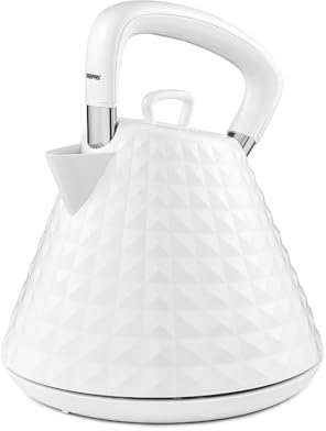 GEEPAS 1.5L Cordless Electric Kettle | Traditional Pyramid Kettle with 360° Rotational Base Strix Control Auto Shut Off & Boil Dry Sensor | Space Saving Cord Storage LED Indicator | 3000W Argyle White