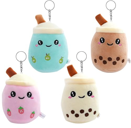 Lot de 4 peluches Bubble Tea - Petit thé aux bulles | Jouet en peluche en forme d'animal avec porte-clés pour enfants