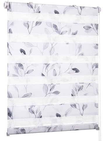 Deswell Doppelrollo Klemmfix ohne Bohren Weiß-Blätter B40 x H120 cm (Stoffbreite 36cm) Rollos für Fenster ohne Bohren mit Blüten Motiv Duorollo für Lichtdurchlässig Höhe Stufenlos Verstellbar