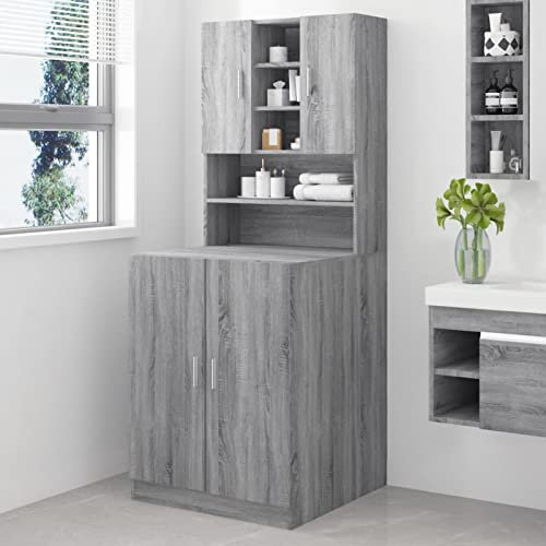 Gecheer Mobile,Armadio per Lavatrice,Moderno,in Truciolato,Grigio Sonoma,71x71,5x181,5 cm,Mobile per Lavatrice con Ante e Scomparti,Mobile per Lavatrice Superiore e Inferriore