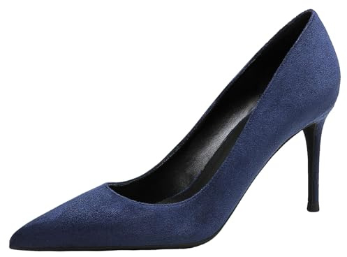 Jamron Femme Velours 8CM Talons Hauts Élégant Escarpins Bout Pointu Chaussures de Bureau Bleu Marine SN0711129-2 EU38