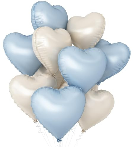 Blue White Heart Balloons,10Pcs 18Inch Foil Heart Shaped Balloons | 10Pcs 18Inch Baby Blue White Foil Heart Shaped Balloons for Birthday Engagement Baby Shower Birthday Valentines Decorations