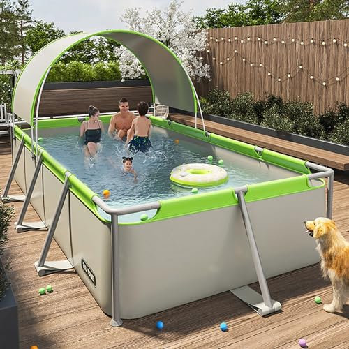 Piscina con struttura in metallo Piscine estive rettangolari fuori terra Piscina pieghevole con tetto a shed Piscina da salotto all'aperto for adulti bambini (installazione non gonfiabile)(Size:3.9m)