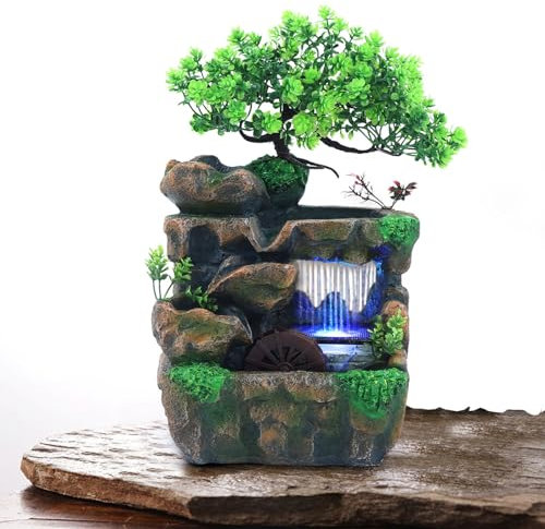 Zimmerbrunnen mit LED Beleuchtung, 18 x 15 x 30 cm Tischbrunnen Wasserfall Desktop Brunnen für Schlafzimmer Wohnzimmer Büro Dekoration