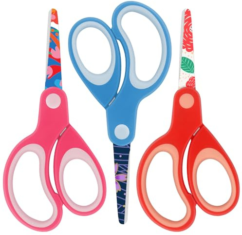 Asdirne vänster barnsax, säkerhet barnsax, hantverkssax med trubbig spets, blad med mönster, bra för hem och skola, blandade färger, 13,5 cm, 3-pack