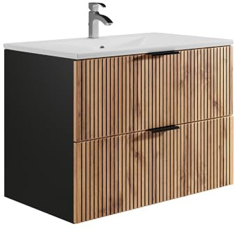 Vente-unique-Waschbeckenunterschrank hängend mit Einbauwaschbecken - Holzfarben hell & Schwarz - 80 cm - MADELA