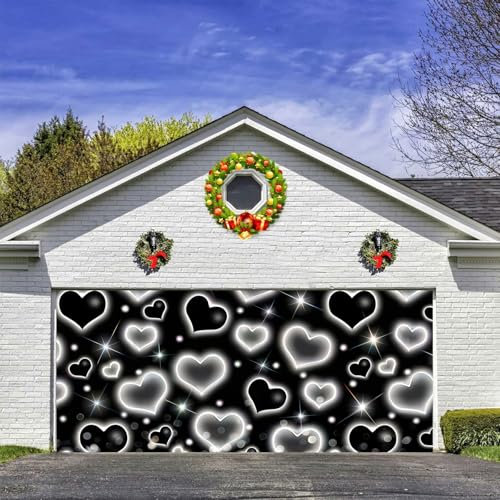 Aodali Toile de fond pour porte de garage de la Saint-Valentin des années 2000 - 4,9 x 2,1 m - Noir - Motif cœur d'amour - Années 90 - Années 2000 - Happy Valentine's Day - Fête des Mères - Vacances -