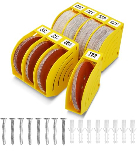 gostle 150 mm Sanding Disc Storage Box, Sandpaper Organizer with 8 Bins – Space-Saving Storage Rack, Offset Snap-On Connection, Grit Classification, Efficient Organization, Yellow