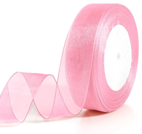 Pink Ribbon for Gift Wrapping Light Pink Ribbon Thick 25mm 46m Organza Ribbons for Crafting Ribbons Gift Wrapping Easter Basket Mothers Day Gifts Flower Bouquet Bow Christmas Tree Cake Decoration