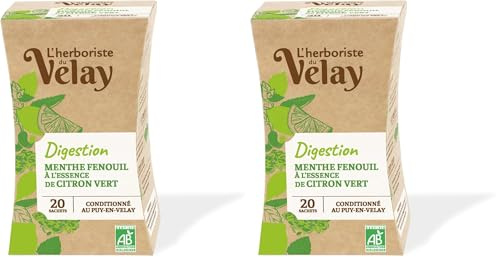 L'Herboriste du Velay - Infusion BIO Digestion - Menthe, Fenouil, Citron Vert - Ingrédients 100% Issus de l'Agriculture Biologique - Conditionné au Puy-en-Velay - Boite de 20 Sachets (Lot de 2)