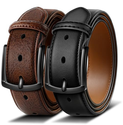 BULLIANT Cinturón Hombres 2 Unidades Cinturón Cuero con 7 Agujeros,Cómodo para Trajes,Casual y Jeans,Ancho 35mm(Negro/Marrón intenso,140cm/48-50 Cintura ajuste)
