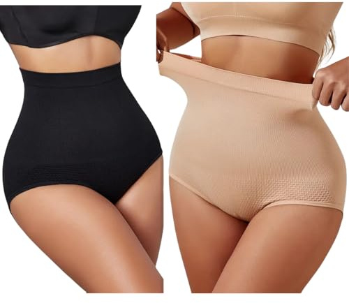 ZiaWorld Women Tummy Control Knickers High Waisted Shapewear Slimming Briefs Underwear Comfort Body Shaper Shorts (UK, Alpha, L, Regular, Regular, 2, Black & Skin)