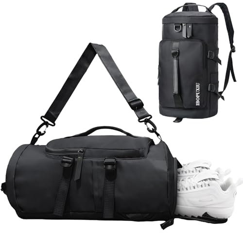 IBOPUXIU Borsone Palestra Nero con Scomparto Umido, Borsa Sportiva Uomo Impermeabile per Palestra, Viaggi, Campeggio