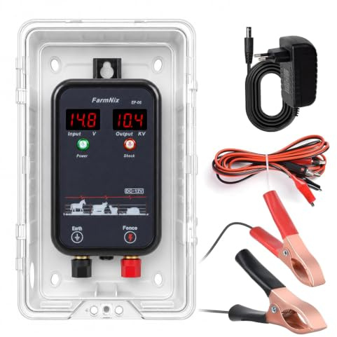 7 KV-13 KV Weidezaungerät mit LED Anzeige, 2J Wasserdicht Elektrischer Weidezaun, 15 KM Reichweite Eelektrozaun für Schutz von Nutztieren,Haustieren,Geflügel, Hausweide,Gärten (Schwarz)