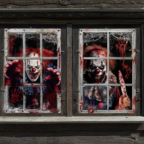 Randomgo 2 Stück Halloween Fensterbilder, Clown Fensterdeko (120 x 80cm)