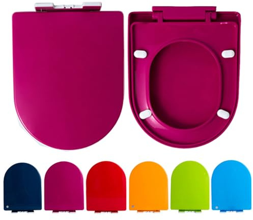 JNTFNE Asiento de Inodoro en Forma de D, Color Fucsia, Cierre Suave con bisagra Ajustable, Tapa Superior Fija de liberación rápida, Tapa Gruesa para baño.