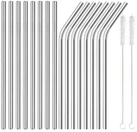 18-Pc Stainless Steel Straws Set with Pouch, 8 Bent & 8 Straight Reusable Straws, 2 Brushes. Dishwasher Safe Metal Drinking Straws, Eco-Friendly for Smoothie, Cocktail, Travel - Plastic Free