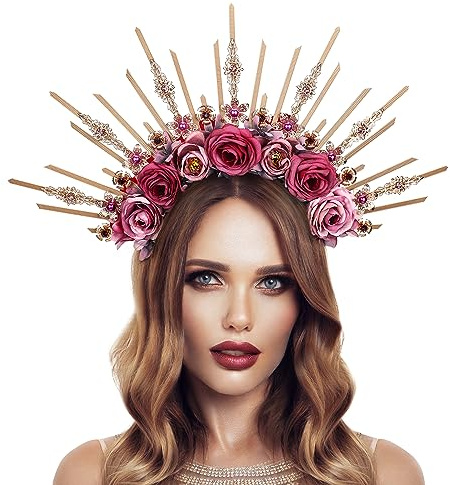 PartyforU Haarreif Sonne Elfen Feen Kostüm Damen Fantasy Lila Und Rosa Rose Kopfschmuck Kristall Gold Gespickt Griechische Göttin Faschingskostüme Karneval Für Frauen Fee Elf Kostüm Hochzeit