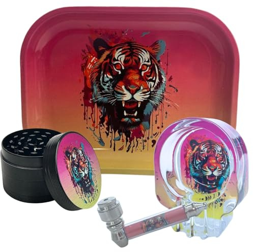 Rolling Tray Gift Set Includes Glass Ashtray Metal Pipe & 50mm Herb Crusher - Premium Smoking Accesseries Kit For Home or Travel - Gift for smoker (Design-2)