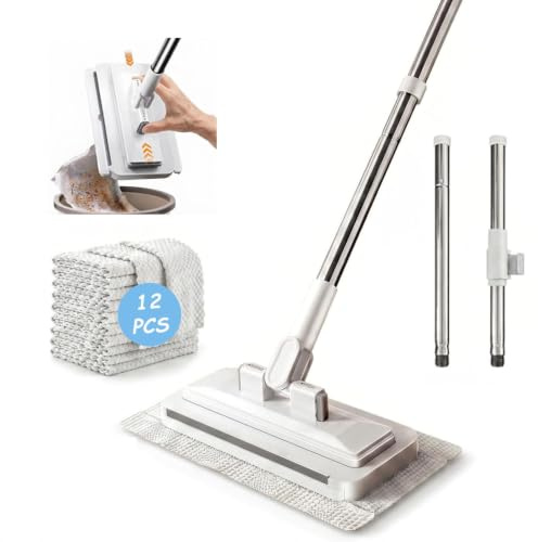 Disposable Dust Mop Sweeper, 135cm Extra Long Handle Auto Clamp Lazy Mop for Floor Wall Ceiling Cleaning, Fits Any Cloth & Face Towels, with 12 Reusable Microfibre Cloths, White