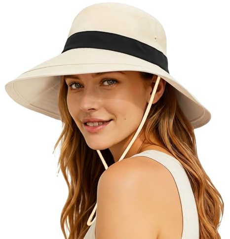 lifwimner Sun Hats for Women Wide Brim UV Protection, Foldable Ponytail Summer Hats Cap Waterproof Breathable Safari Bucket Hats for Beach Garden Fishing
