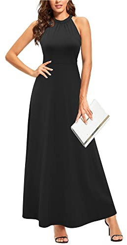 STYLEWORD Abito Lungo da Donna con Stampa Floreale Senza Maniche con Spalle Scoperte Elegante Abito Lungo con Scollo all'Americana（Nero，S）